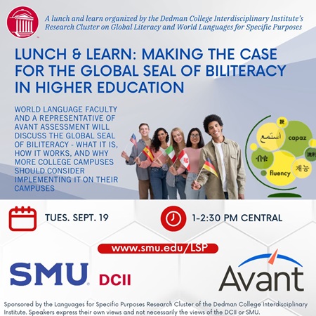 Poster for SMU DCII Lunch and Learn: September 19 at 1 PM, visit smu.edu/lsp