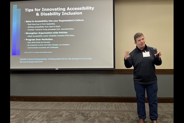 Dylan Rafaty speaking at the Inclusion Ignites Innovation Conference in Hurst, Texas