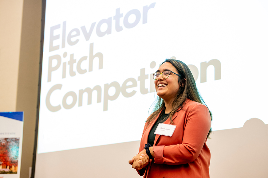 Student pitching at business competition