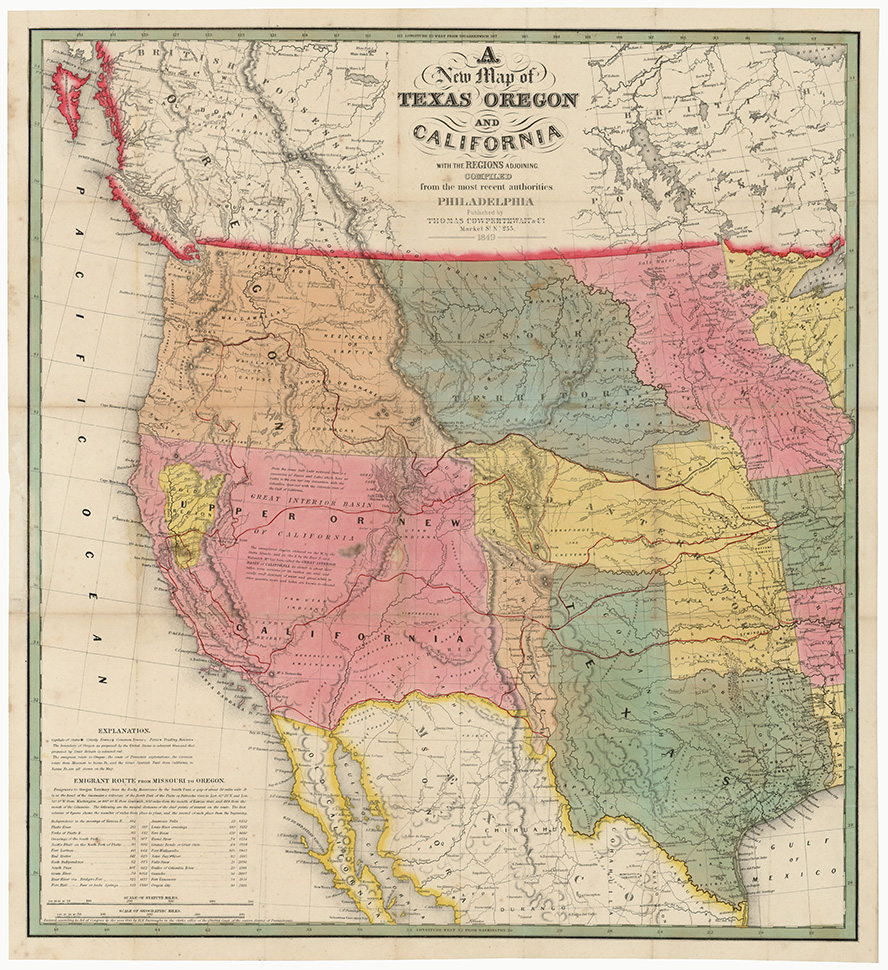 Map of Texas, Oregon, and California circa 1840