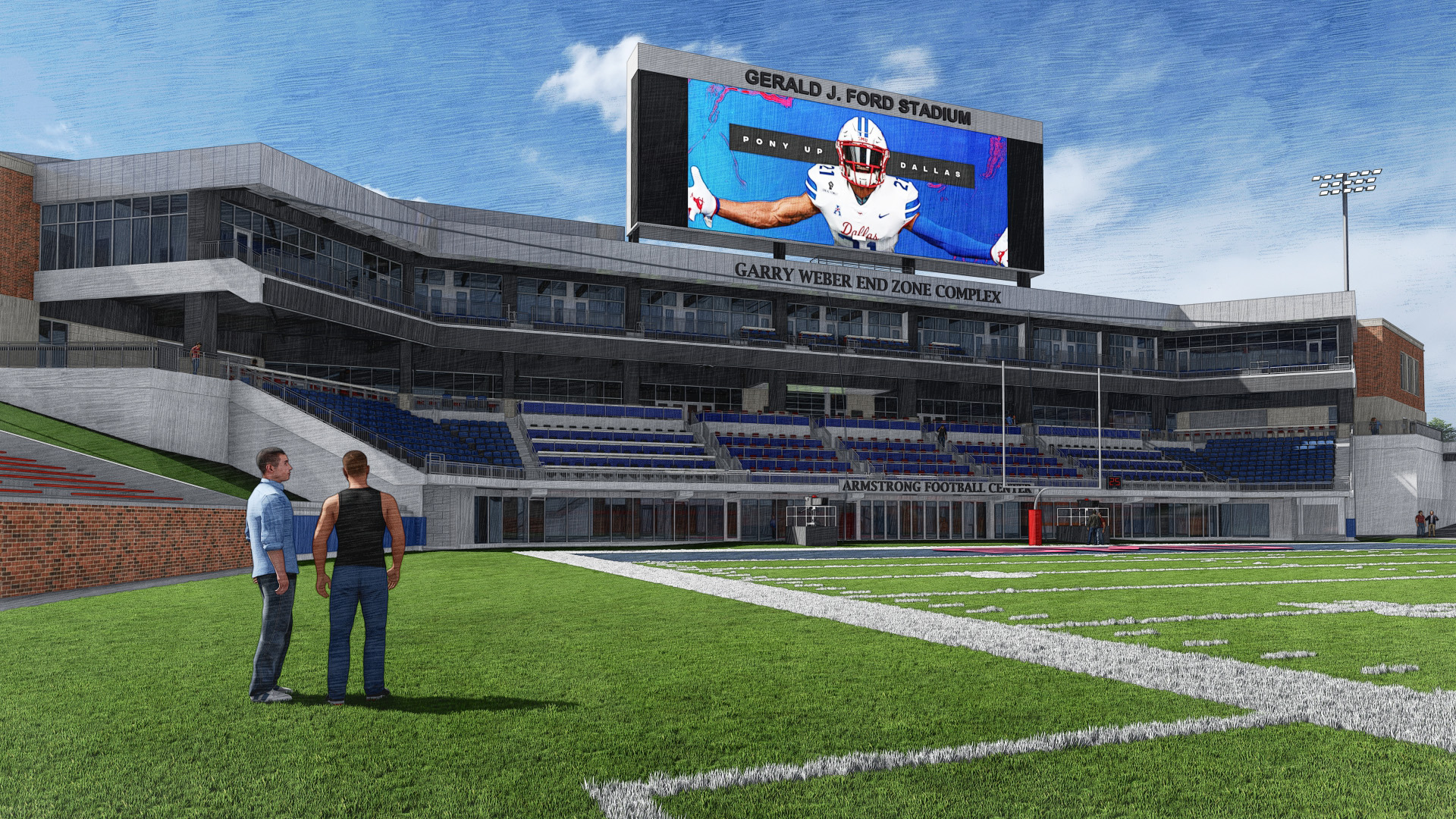 Artist rendering of two people viewing the Garry Weber End Zone Complex from the corner of the football field