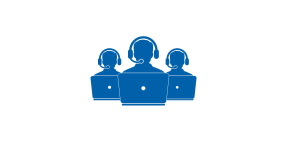 Icon of three people wearing headsets behind laptops, all in blue.