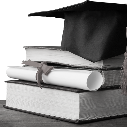 Black and white picture of books, a rolled paper with a ribbon around it, and a graduation cap.