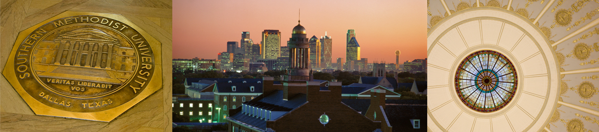 Office of Legal Affairs Web Banner, showing inside of Dallas Hall cupola, dallas skyline in the evening, and the University Seal cast in bronze