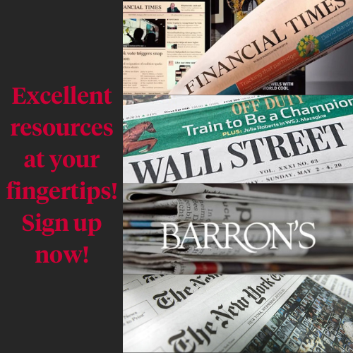 Excellent resources at your fingertips! Sign up now! Showing Financial Times, Wall Street Journal, Barron's and The New York Times newspapers