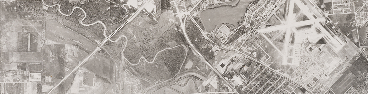 Close up from Trinity River, south of Dallas Love Field (unlabeled), 1945, showing Love Field and Bachman Lake