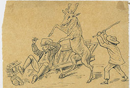 Ink drawing, Artwork 26 April 1870 appears on the drawing. Humorous drawing of the incident of the pet deer attack on Chardin while he was visiting Rosa Bonheur.
