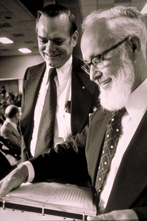 [Mark Shepherd (left) and Patrick E. Haggerty at Stockholders Meeting], 1976