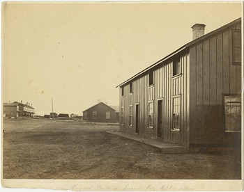 Hospital Buildings, Laramie City, Hotel in distance, ca. 1868-1870