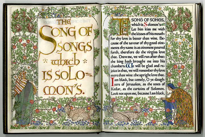 Illuminated manuscript with gold title text "The Song of Songs which is Solomon's" on the left page. The right page begins the text of Song of Songs with decorated initials. Illustrations surround the text.