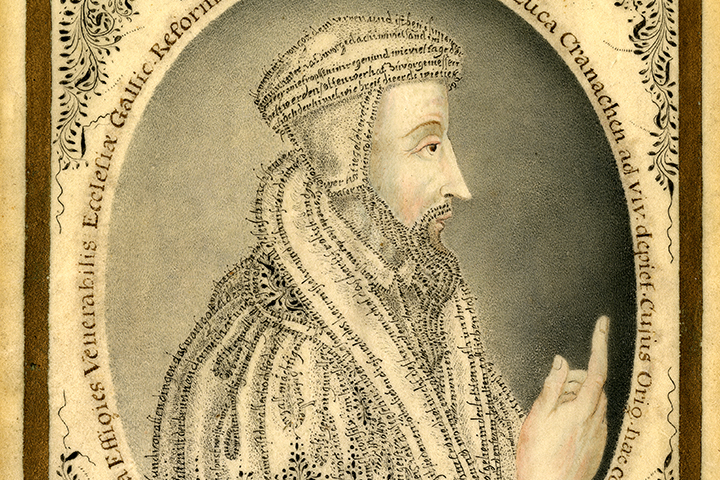 Portrait of Calvin with micrographic text of the first book of Ecclesiastes.