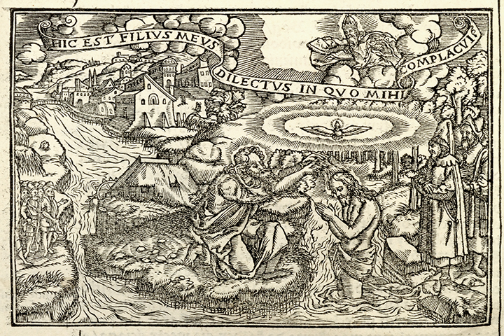 Woodcut of the Baptism of Jesus and a banner with the Latin inscription “Hic est filius meus dilectus in quo mihi complacui” from Matthew 3:1.