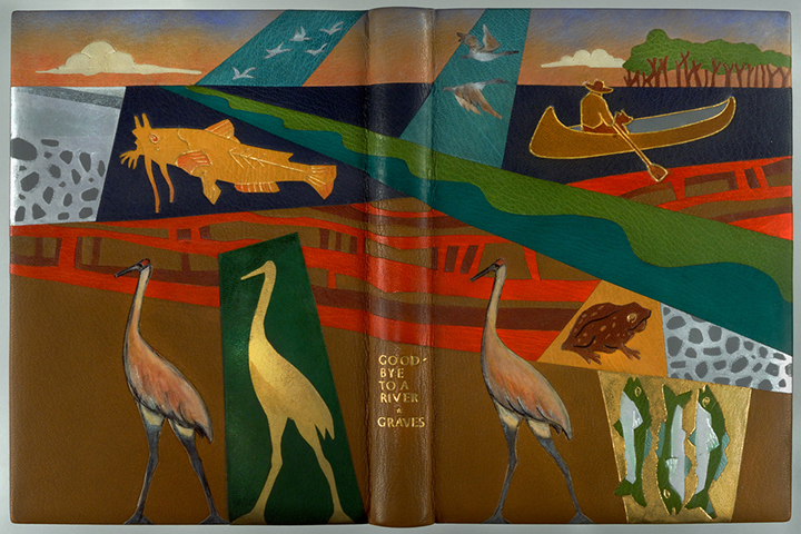 Decorative binding with water animals displayed over strata and a man in a canoe on a river. Spine has gold text "Good-bye to a River Graves".