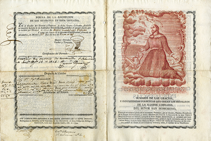A printed membership manuscript. The left page has text and the right page has a print of a man kneeling with an angel nearby.