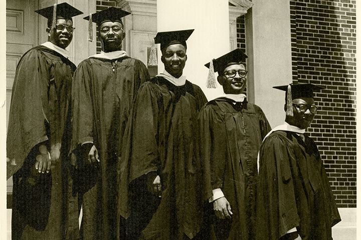 Photograph of Williams, Lyles, Hawkins, Elliott, and Riley, the first five African American graduates from SMU.