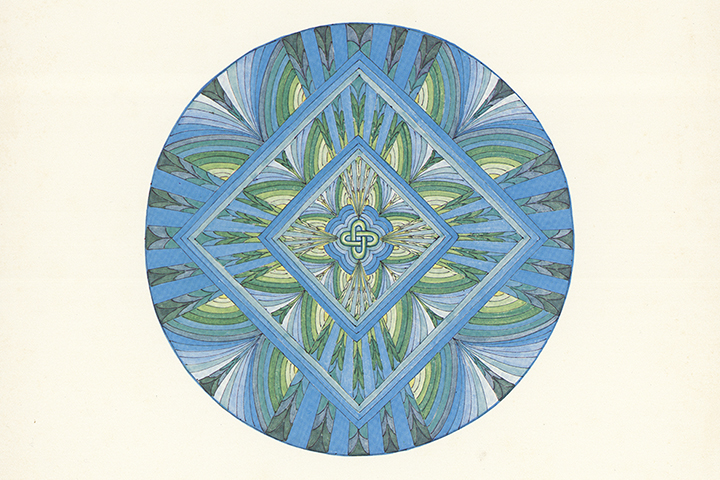 A polychrome printed mandala designed by Joseph D. Quillian, Jr. around 1970.