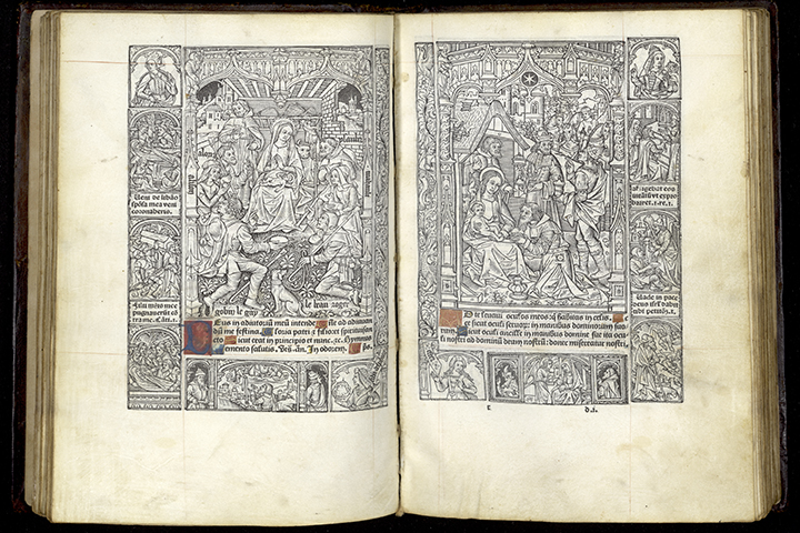 richly illustrated manuscript with red and blue decoration