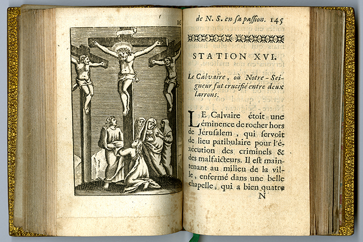 Pocket-sized Passion reflection book with woodcut of Jesus on the cross on the left page and the text for Station XVI on the right page.