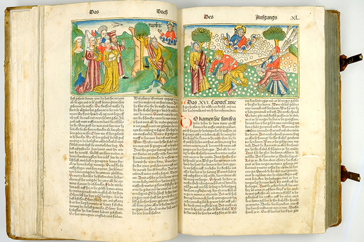 German Bible with colorful woodcuts on the top of the pages. The left image shows Moses leading the Israelites and the right image depicts manna from Heaven.