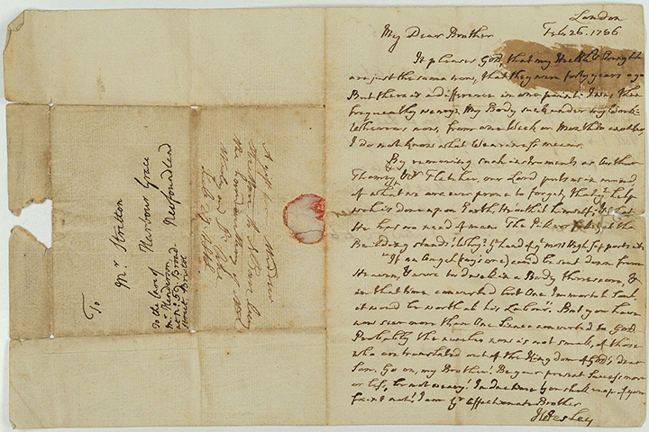 Letter from John Wesley and Thomas Coke to John Stretton. The left half of the page shows address information and remnants of a seal.