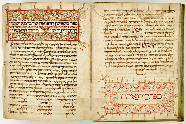 Open illuminated Hebrew medical book with decorative panels on both pages.