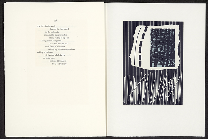 Open book with text of a poem in a zig-zag pattern and a black and white linear abstract illustration.