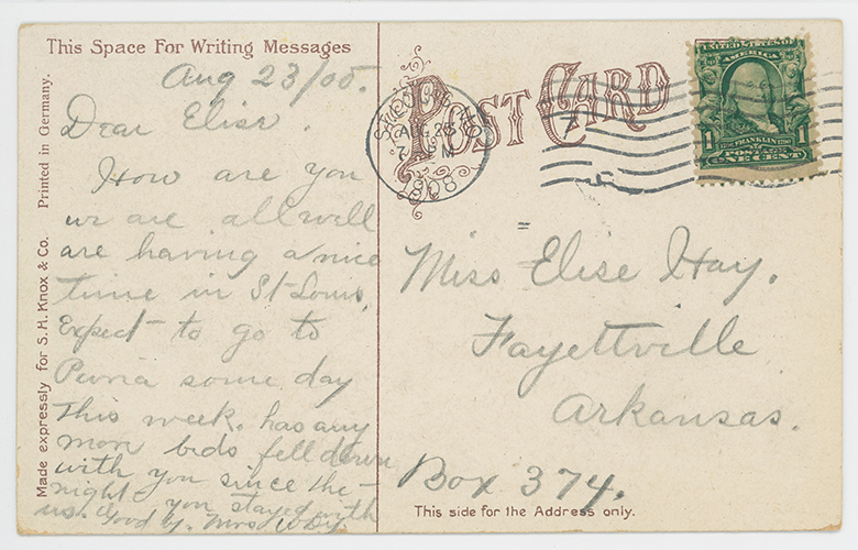 stamped and addressed postcard with writing dated August 23rd 1908