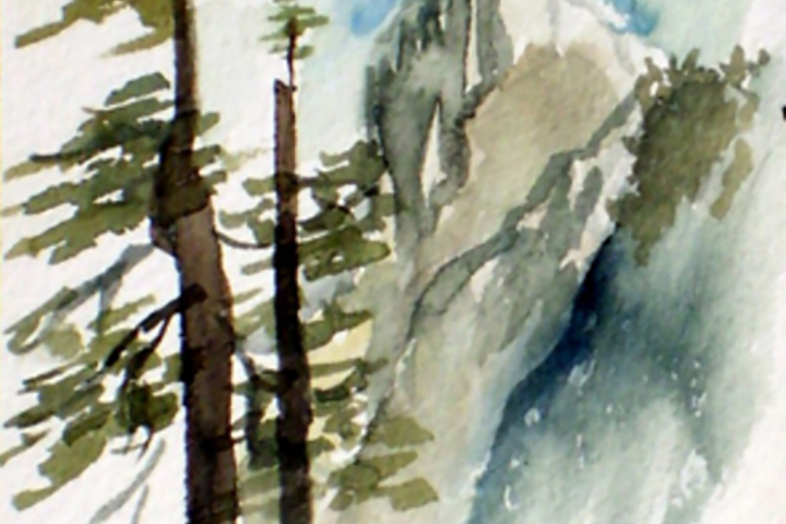 sketched trees and mountains in nature colors