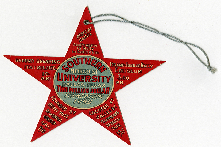 Red star badge from Southern Methodist University's 1911 "Grand Jubilee Rally".