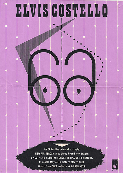 Purple Elvis Costello poster with a stylized drawing of glasses