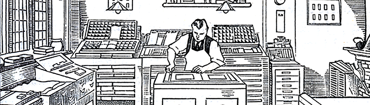 drawing of man working in print shop