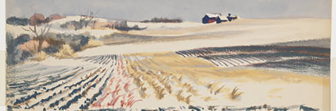 Painting by Jerry Bywaters with cabin on snow-covered plains