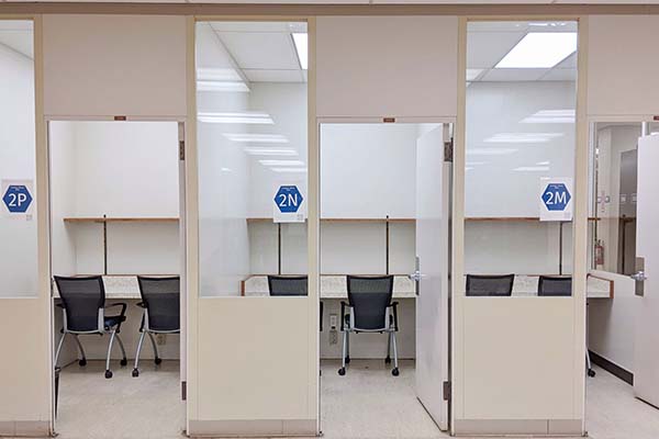 three small, side-by-side study rooms: Blue M, N, and P