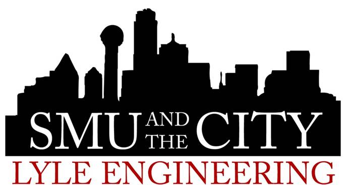 SMU and the City: Lyle Engineering logo. Silhouette of the Dallas skyline in black under white text reading "SMU and the City." Lyle Engineering in red text beneath the silhouette.