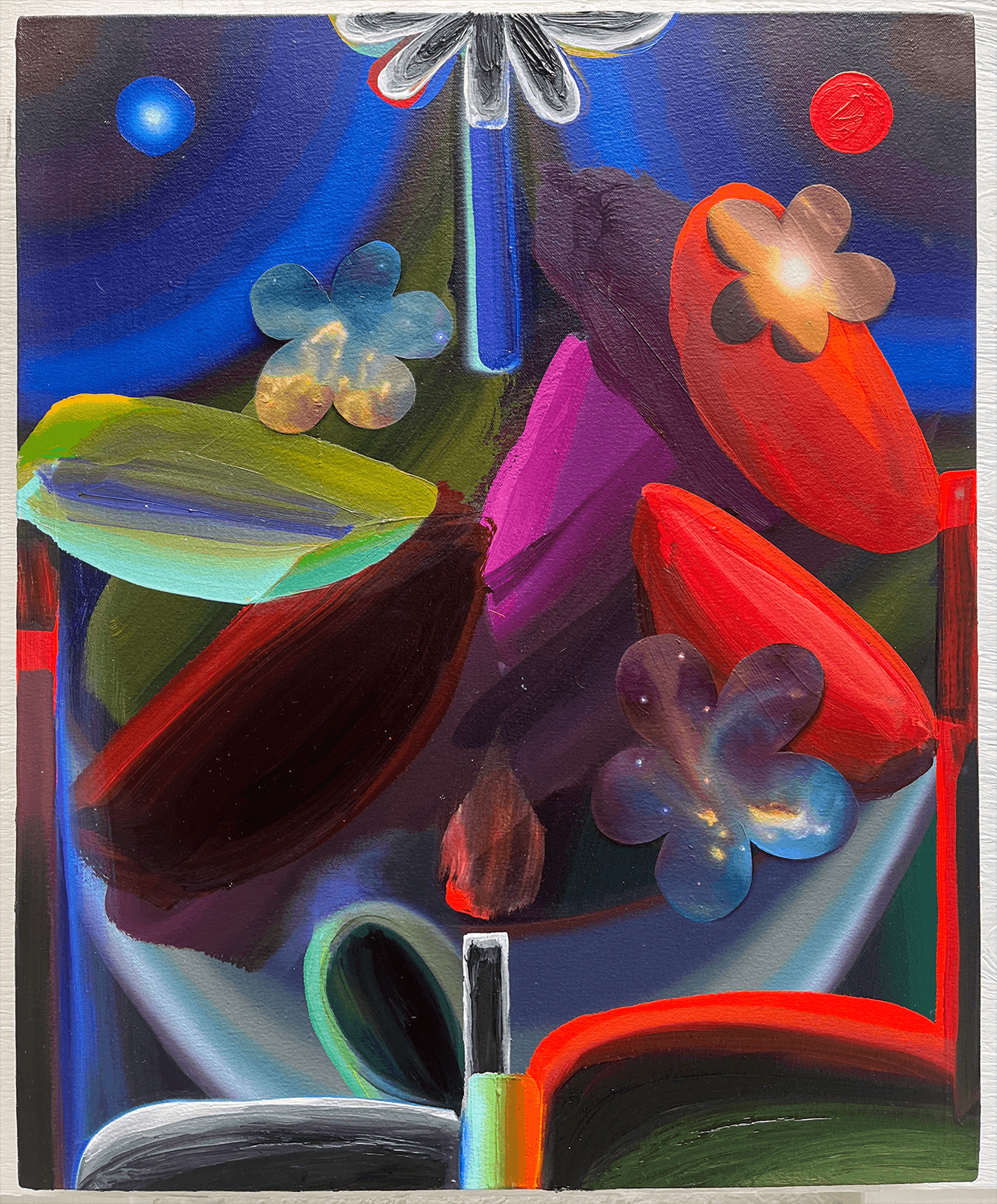 middle lover 5, ( midnight color bowl with cosmos) 2023, oil and acrylic on canvas, 22 x 18 in