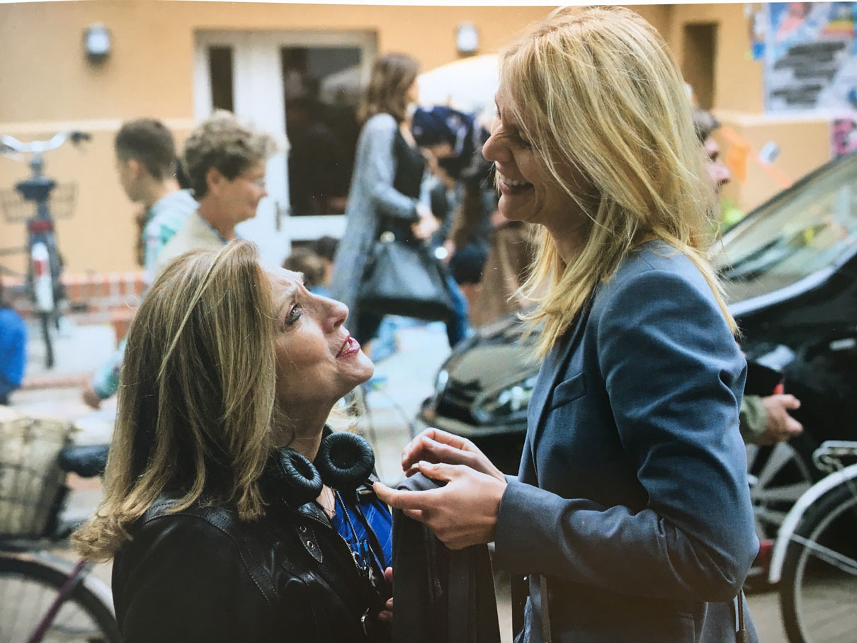 Lesli Linka Glatter and actress Claire Danes go over a scene on the set of Homeland.