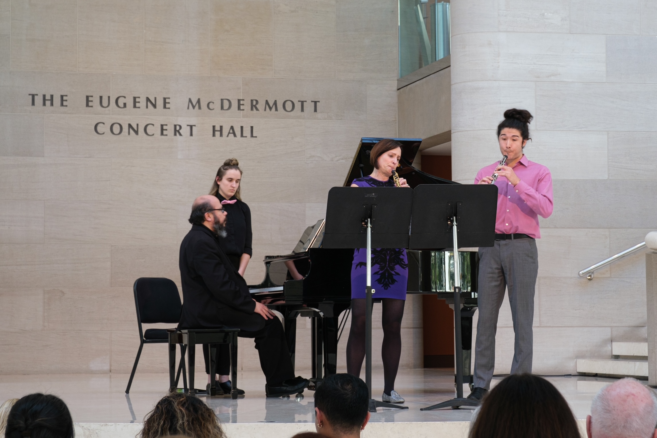 Oboists Erin Hannigan and Maxwell Adler (M.M. ’21, P.D. ’22) perform together.