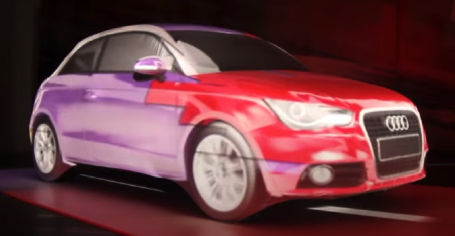 Photo of an automobile rendered using projection mapping 