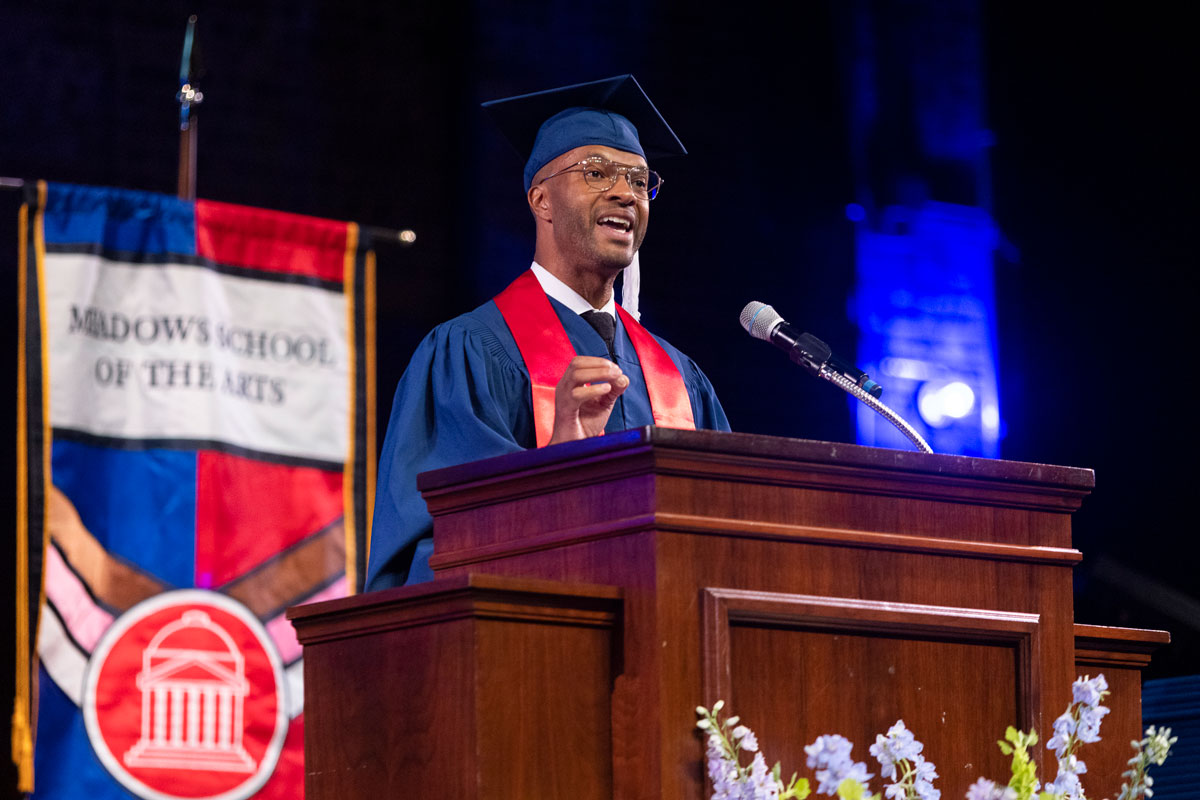 Meadows alum Marc V. Patrick delivers the keynote address at the 2023 Degree Recognition Ceremony.