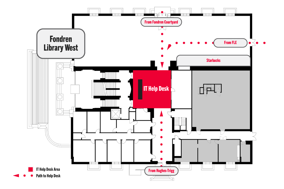 Map of the location of the IT Help Desk within Fondren Library. 