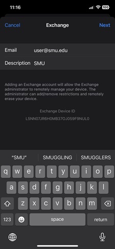 A screenshot of the Exchange setup in iOS.