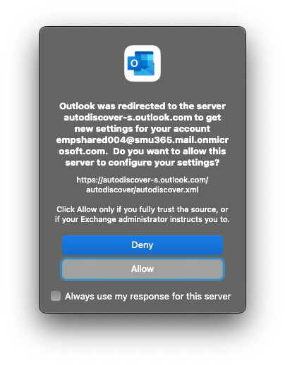 A screenshot of the error received with Outlook for Mac.