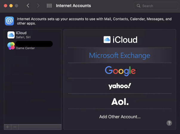 A screenshot of the Internet Accounts dialog window in macOS.