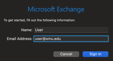 A screenshot of the Microsoft Exchange login window in macOS.