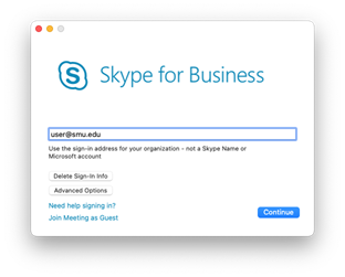 A screenshot of the Skype for Business login screen on a Mac.