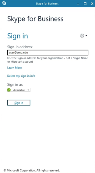 A screenshot of the Skype for Business login screen on a PC.