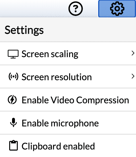 screenshot of the Apporto settings dropdown menu.