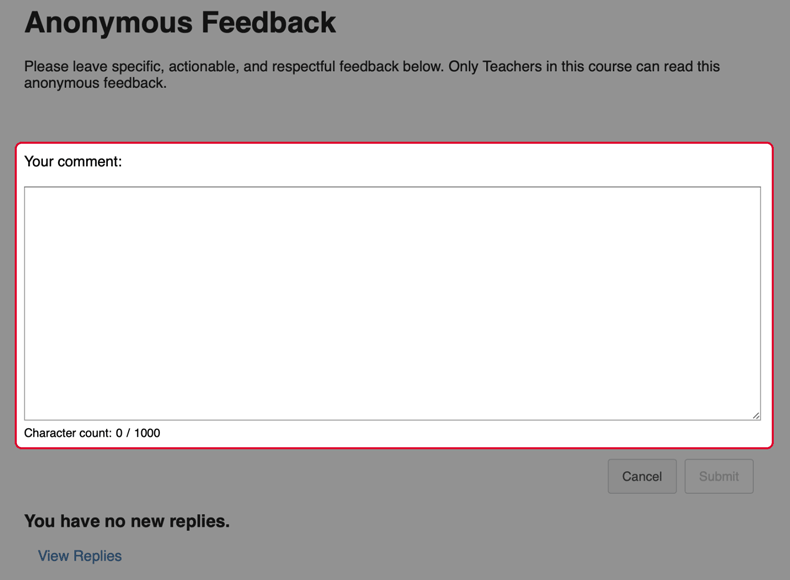 Screenshot of where to provide feedback in the Feedback Box tool. 