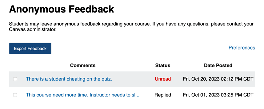 screenshot of review feedback in Feedback Box