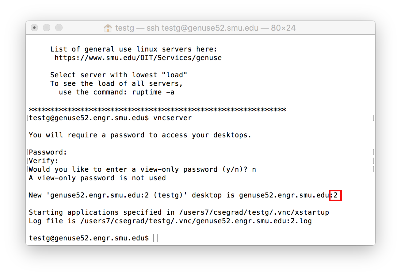 screenshot of vncserver window with the server number selected